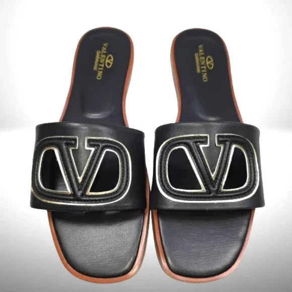 Valentino Garavani VLogo Leather Cutout Flat Slide Sandals - Size 38 - Picture 1 of 3